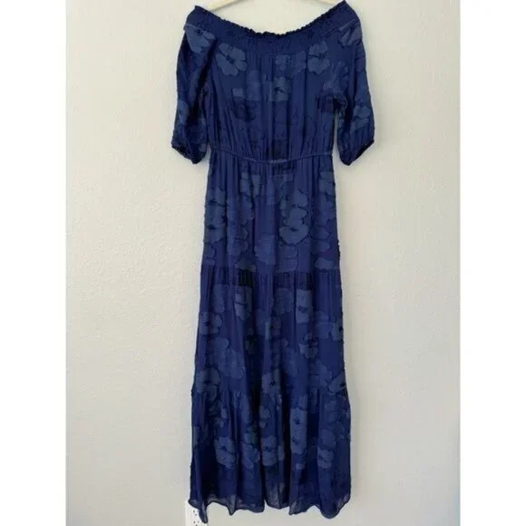 Shoshanna midnight navy blue floral embossed off shoulder maxi dress Prom 4 - Picture 9 of 15